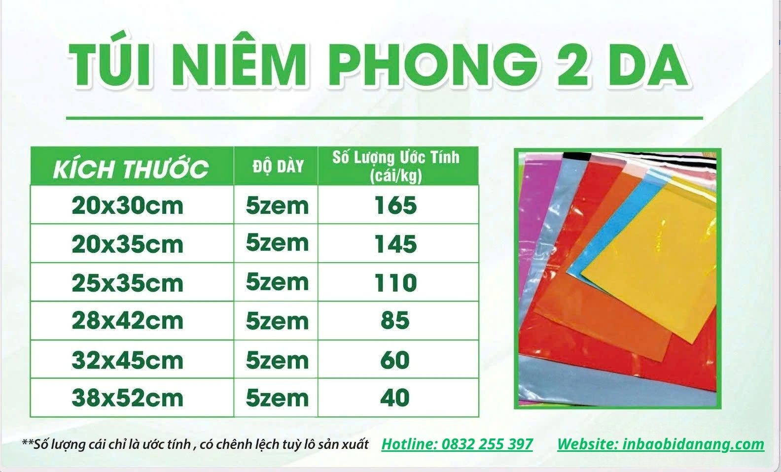 Bảng kích thước túi niêm phong 2 da 