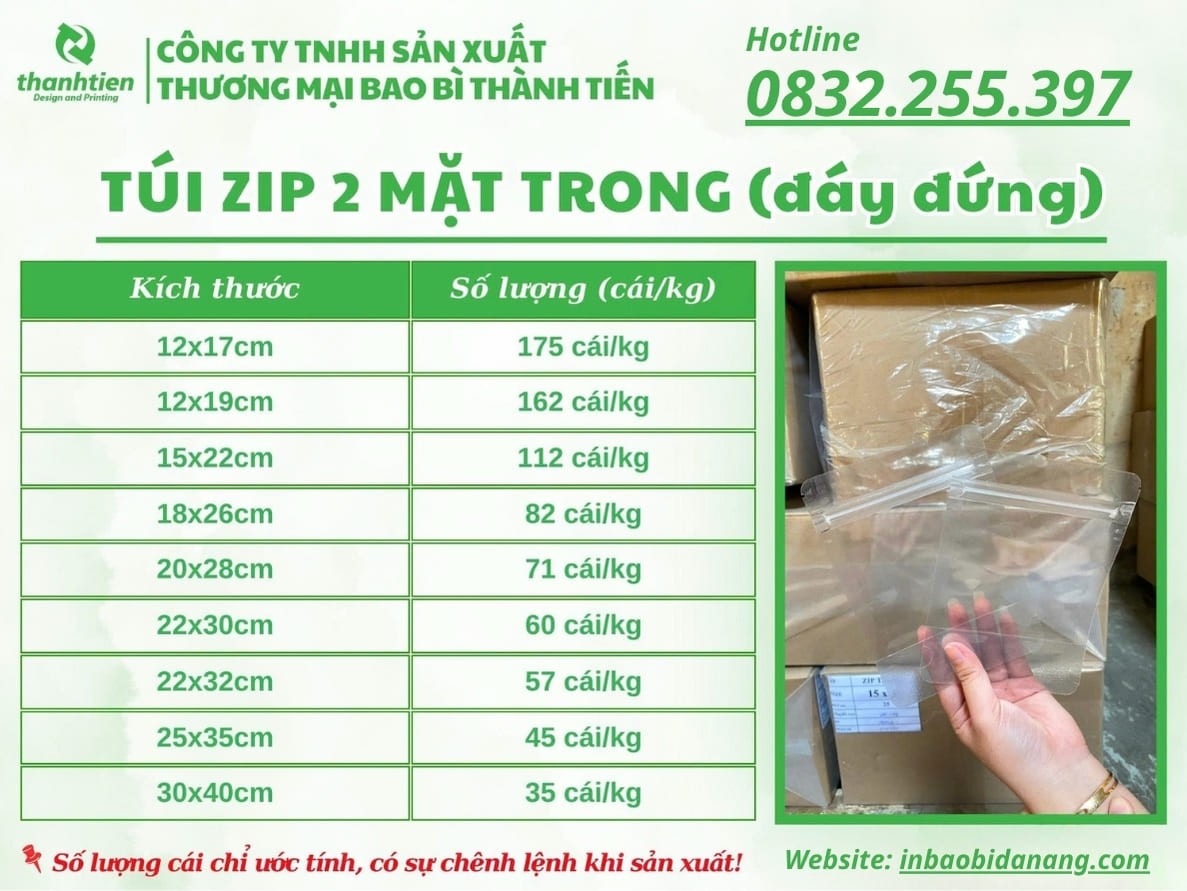 Bảng kích thước túi zip 2 mặt trong
