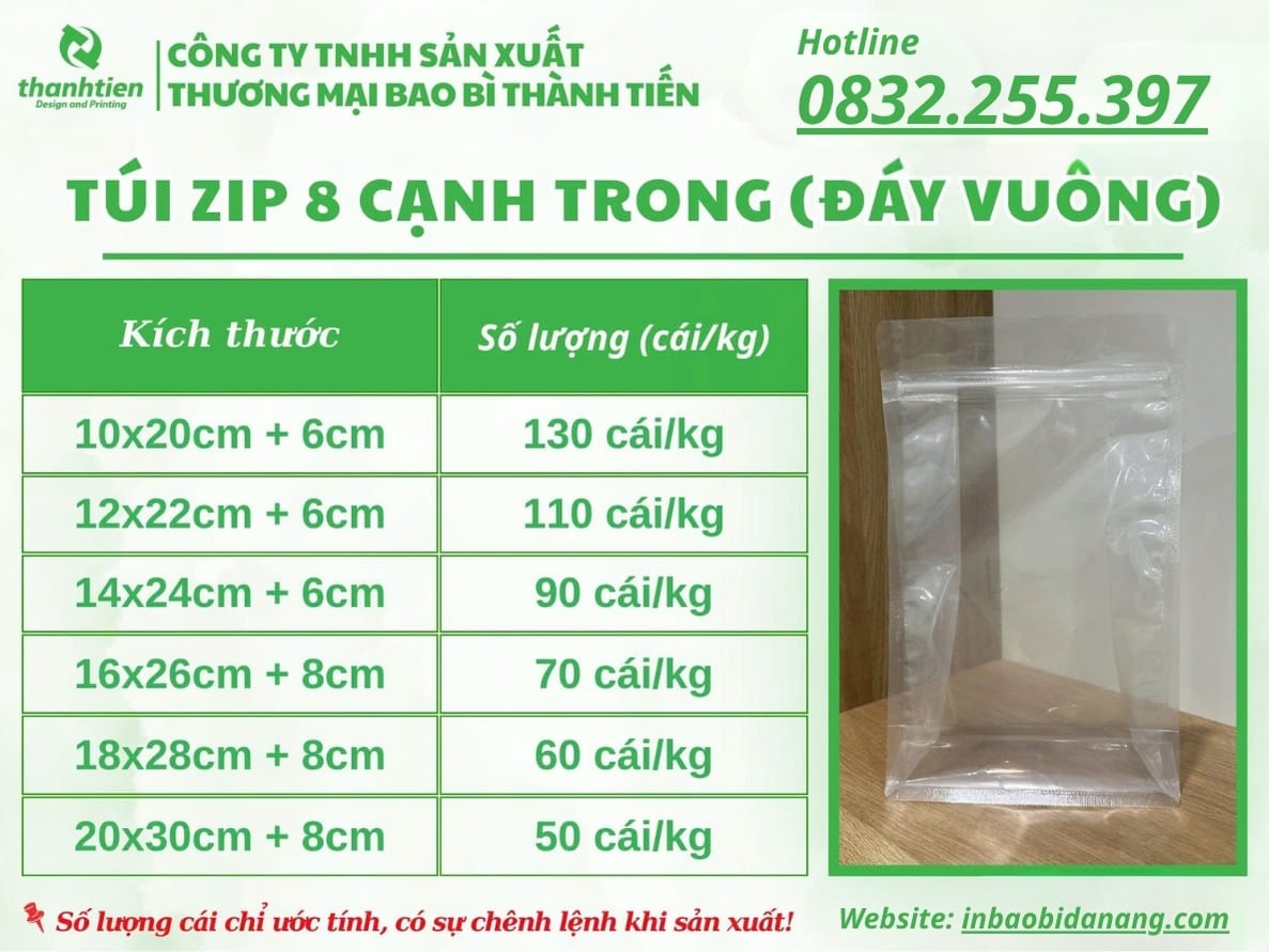 Bảng kích thước túi zip 8 cạnh trong suốt