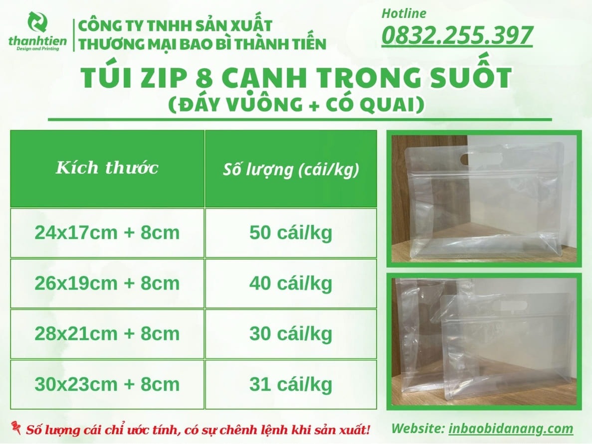 Bảng kích thước túi zip 8 cạnh trong suốt đục lỗ hột xoài
