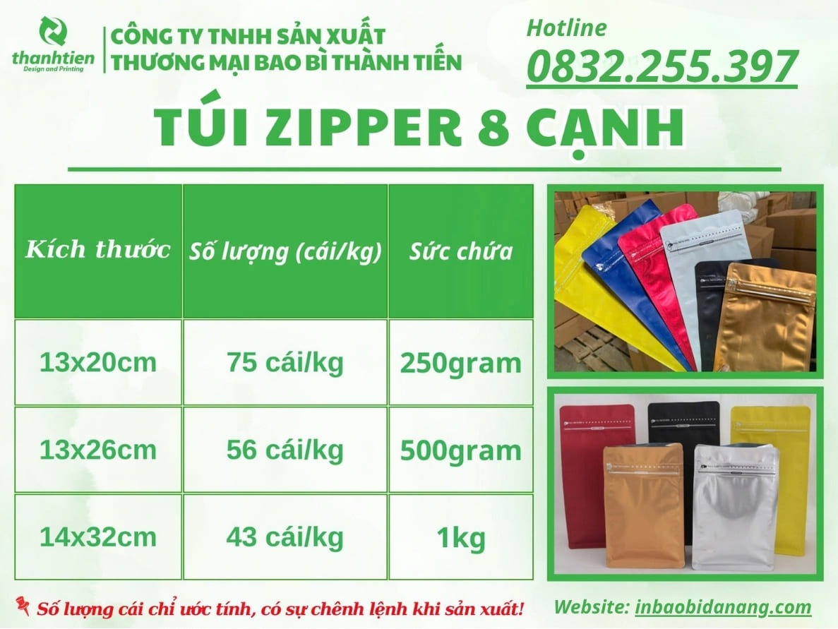 Bảng kích thước túi zip 8 cạnh