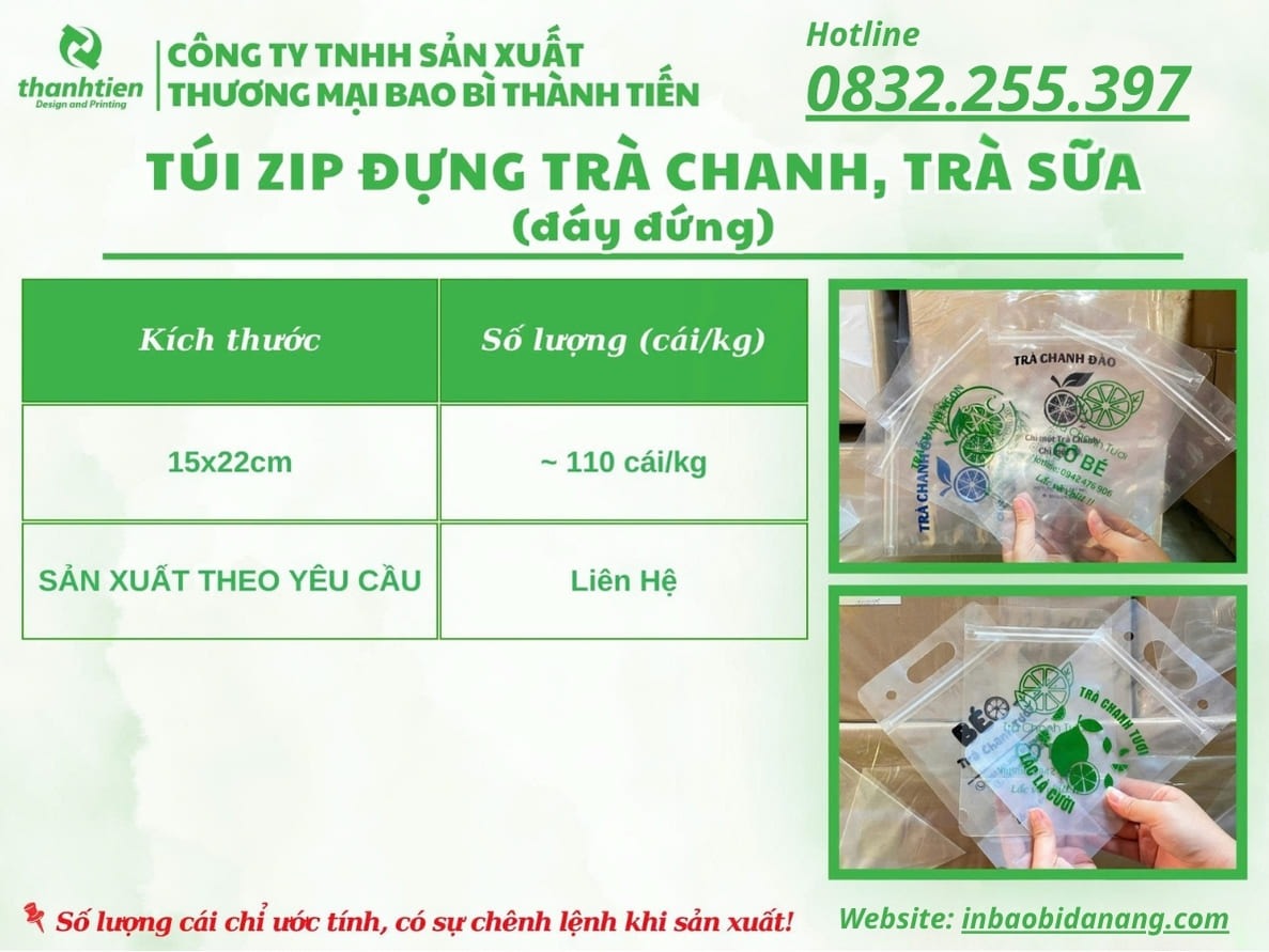 Bảng kích thước túi zip trà chanh, trà sữa