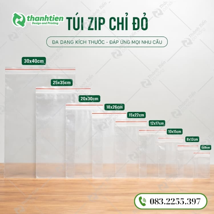 Cung cấp đủ kích thước túi zip chỉ đỏ