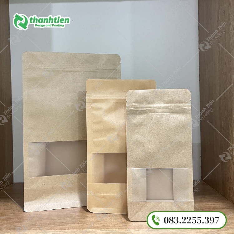 Túi zip giấy kraft có cửa sổ tràn 