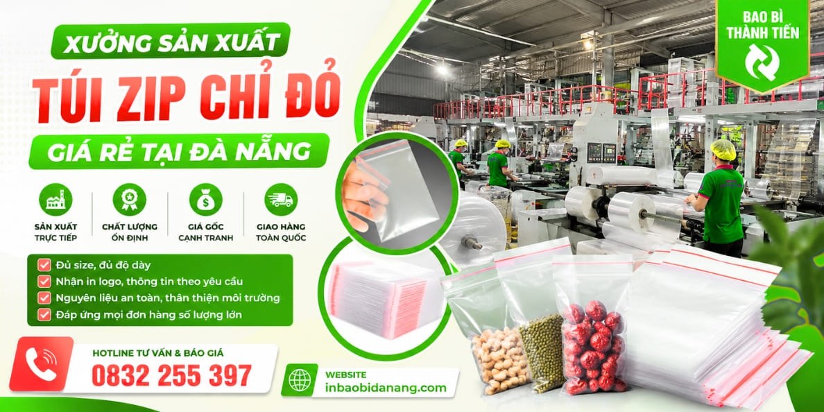 Xưởng sản xuất và in túi zip chỉ đỏ giá rẻ tại Đà Nẵng
