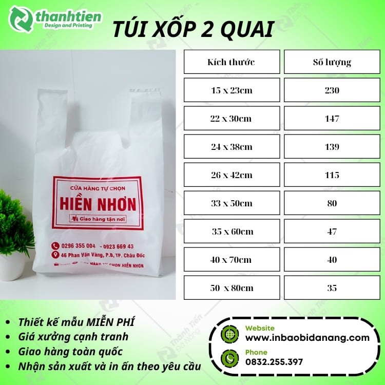 Bảng kích thước túi xốp 2 quai giá sỉ tại Đà Nẵng