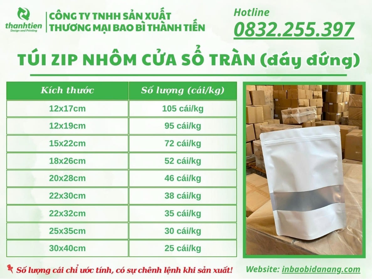 Bảng kích thước túi zip nhôm của sổ tràn