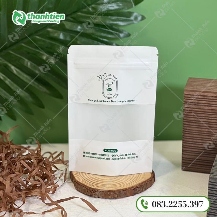 Túi zipper giấy kraft trắng in ấn đẹp, thẩm mỹ cao