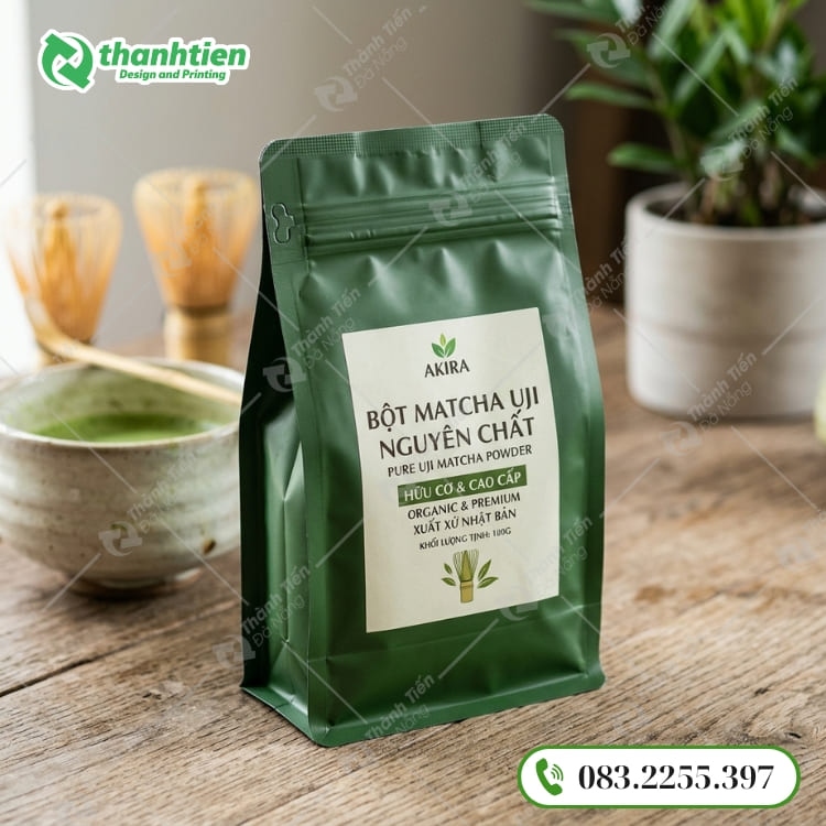 Bao bì bột matcha thiết kế dạng túi 8 cạnh sang trọng