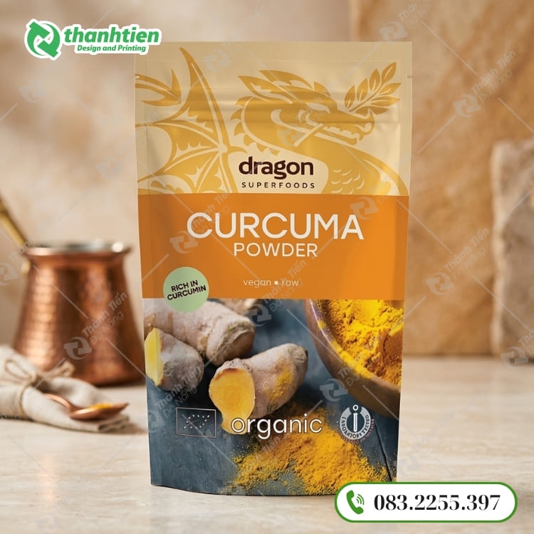 Bao bì đựng tinh bột nghệ đẹp, in ấn chuyên nghiệp
