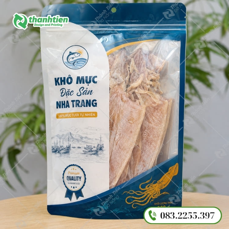 Bao bì đựng khô mực in ấn đẹp, thiết kế khóa zip tiện lợi 