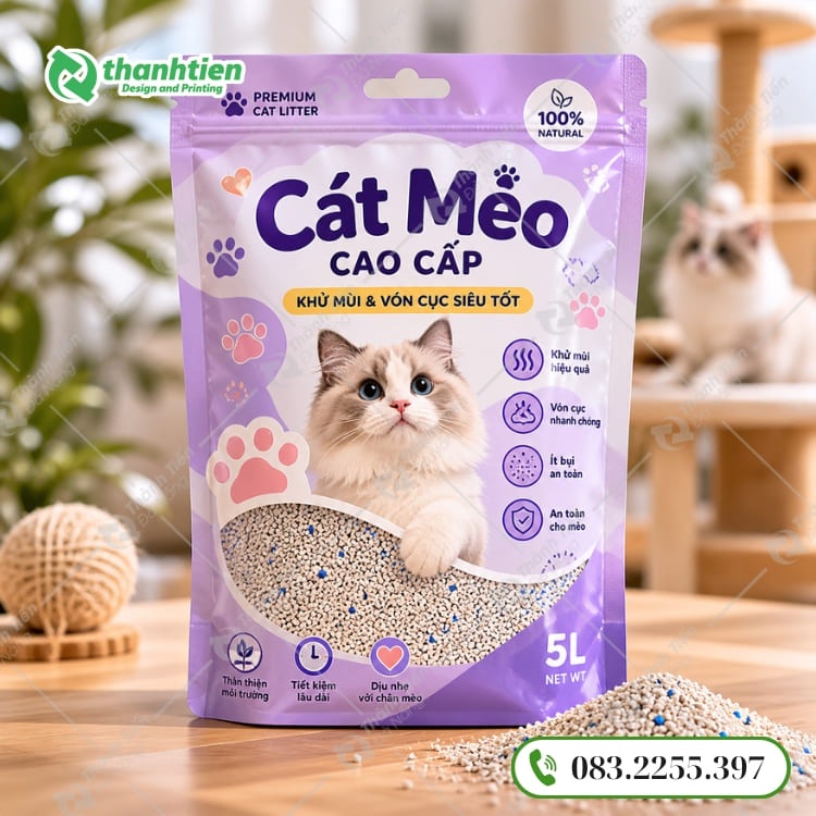 In bao bì đựng cát mèo đẹp, màu sắc nổi bật