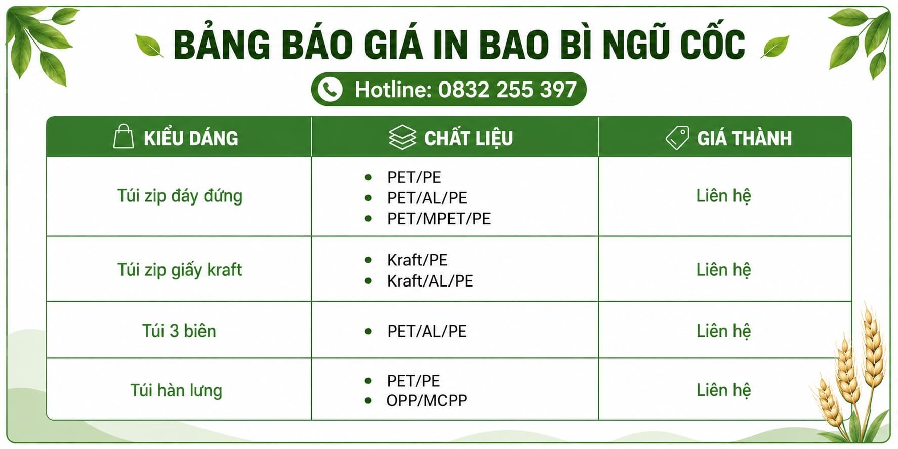 Bảng báo giá đặt in bao bì ngũ cốc