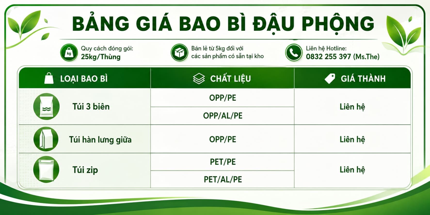 Bảng báo giá bao bì đậu phộng tại Thành Tiến Đà Nẵng