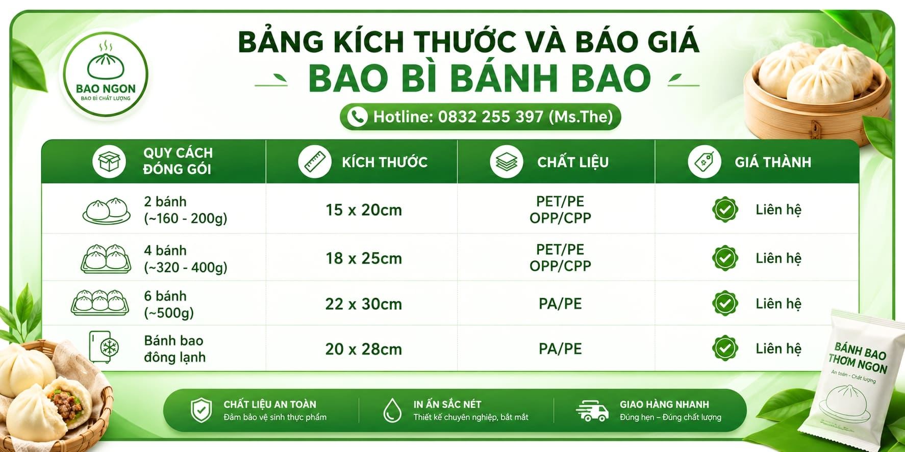 Bảng kích thước và báo giá đặt in bao bì bánh bao