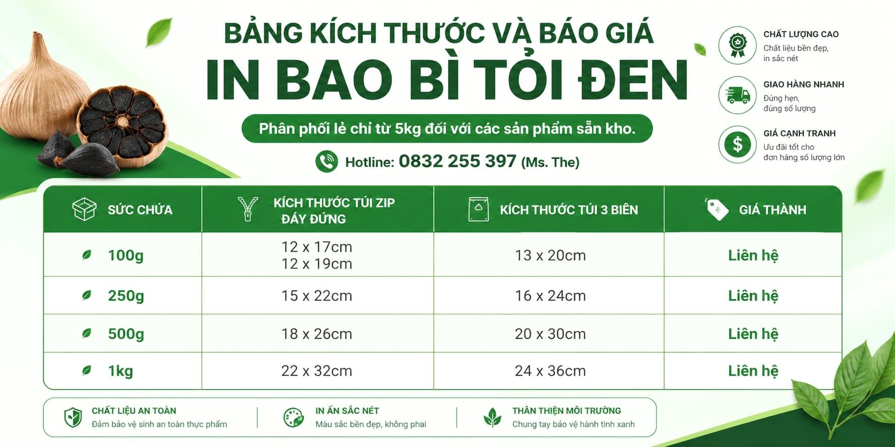 Bảng kích thước và báo giá đặt in bao bì tỏi đen