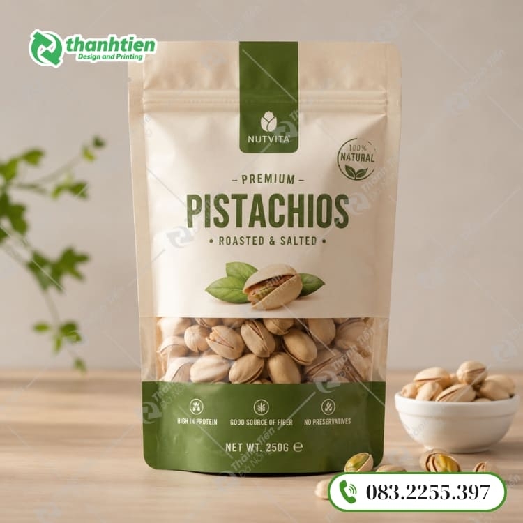 Bao bì đựng hạt dẻ cười cao cấp, thiết kế đáy đứng