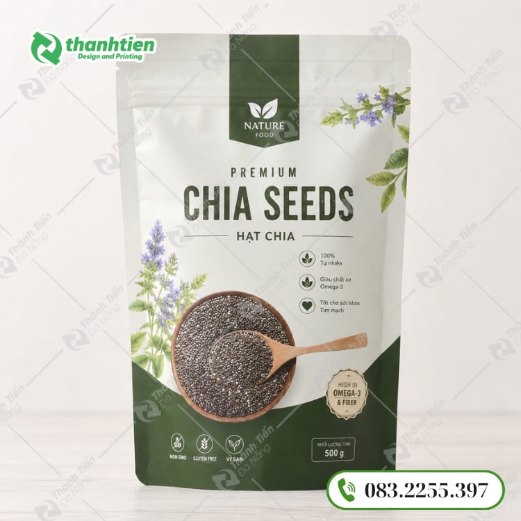 In bao bì đựng hạt chia đẹp, chất liệu màng ghép cao cấp