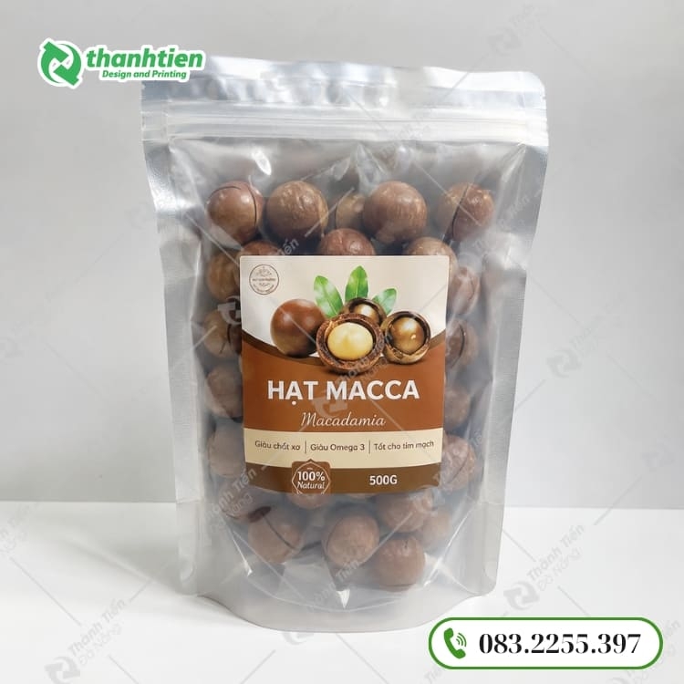 Túi đựng hạt macca thiết kế 1 mặt trong suốt