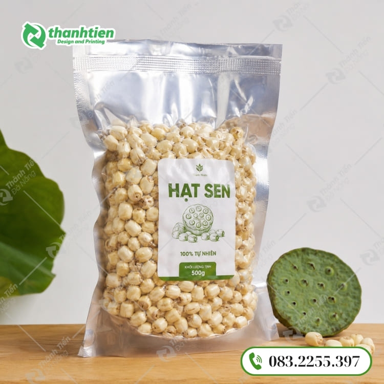 Túi hút chân không đựng hạt sen thiết kế 1 mặt bạc