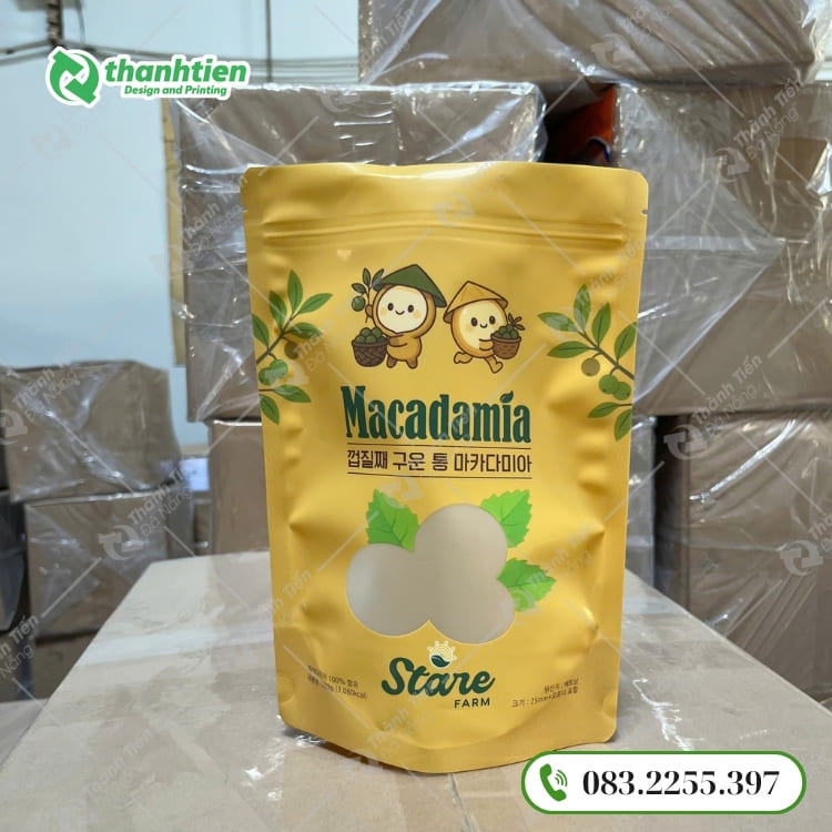 Túi zip đựng hạt macca thiết kế của sổ vuông