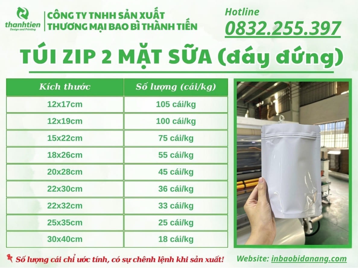 Bảng kích thước túi zip 2 mặt sữa
