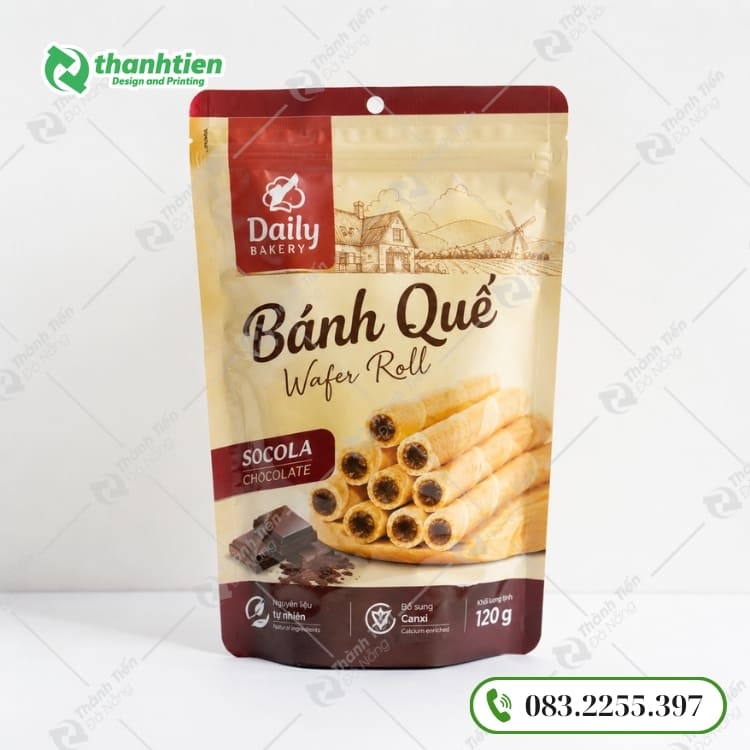 Bao bì bánh quế cao cấp, thiết kế đáy đứng trưng bày hiệu quả