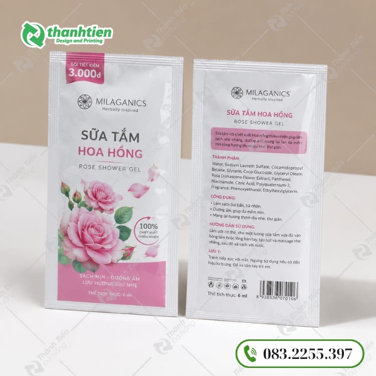 Túi ép 3 biên đựng sữa tắm giá rẻ, in đẹp